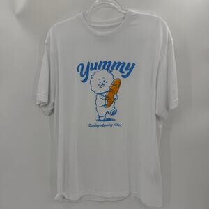 BT21 BTS Unisex White Short Sleeve Shirt Size L Yummy Bread Graphic Cotton Top